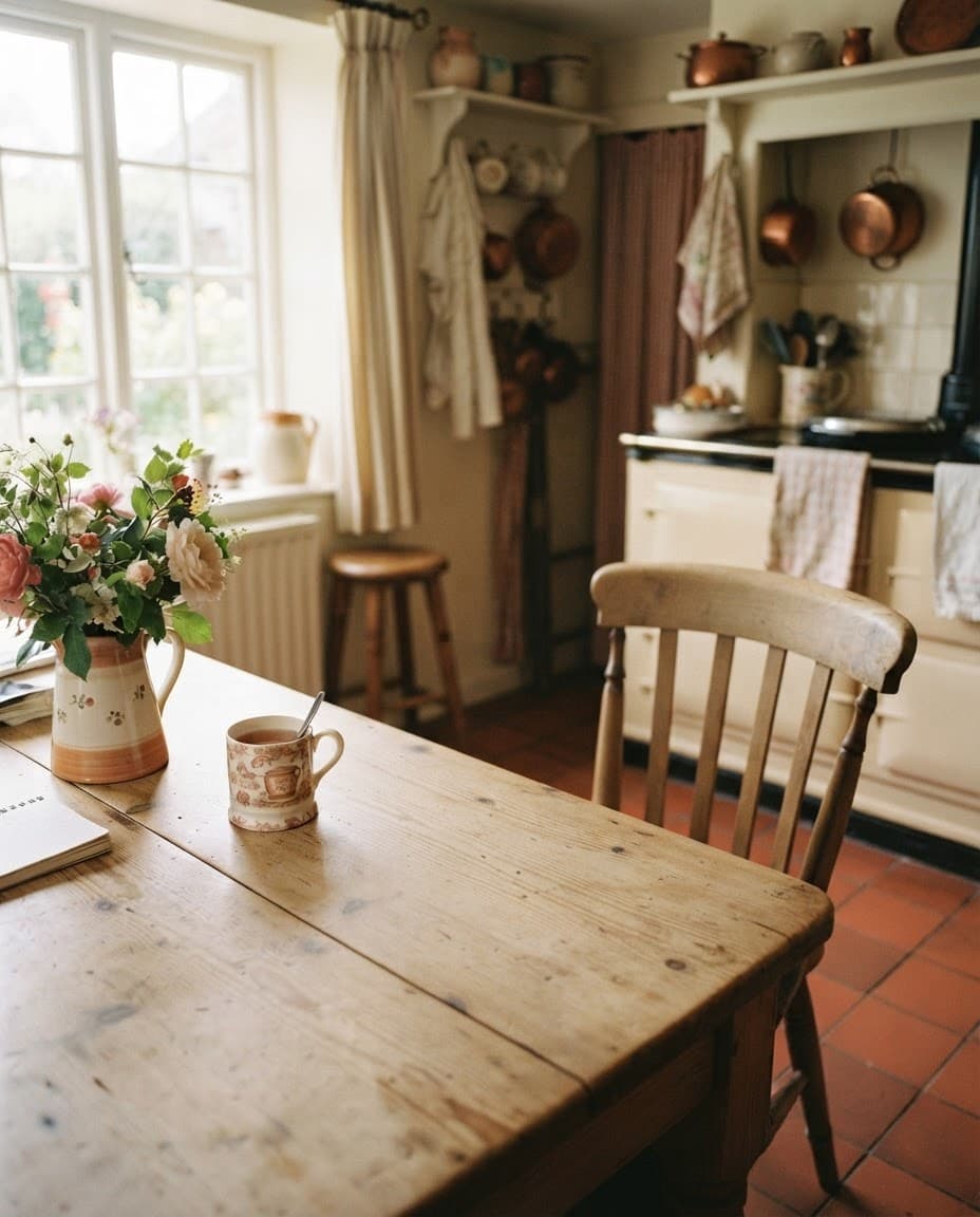 The same kitchen table in the same light, the chair empty.