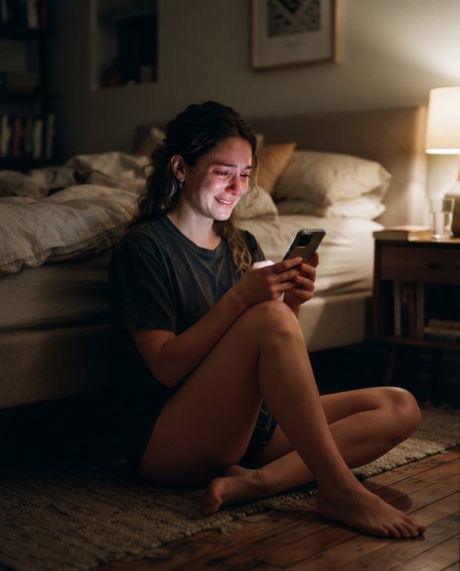 A young woman watching a message on her phone, crying and smiling.